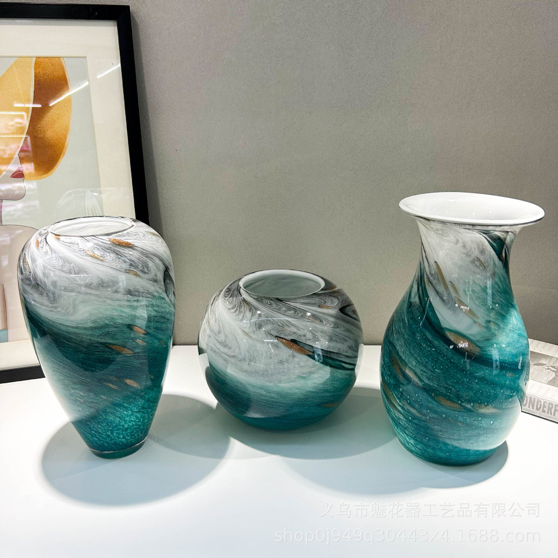 新古典水墨风手工琉璃花瓶餐桌插花博古架创意摆件样板间高级装饰