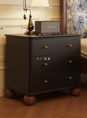中古风全实木床头柜新款复古法式感家用卧室黑色美式床边柜