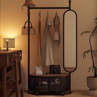 可移动挂衣架带镜子卧室落地式全身镜一体衣帽架试衣镜子置物架子