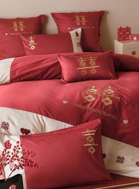 100支长绒棉婚庆四件套全棉纯棉大红色床单被套喜庆婚嫁结婚4件套