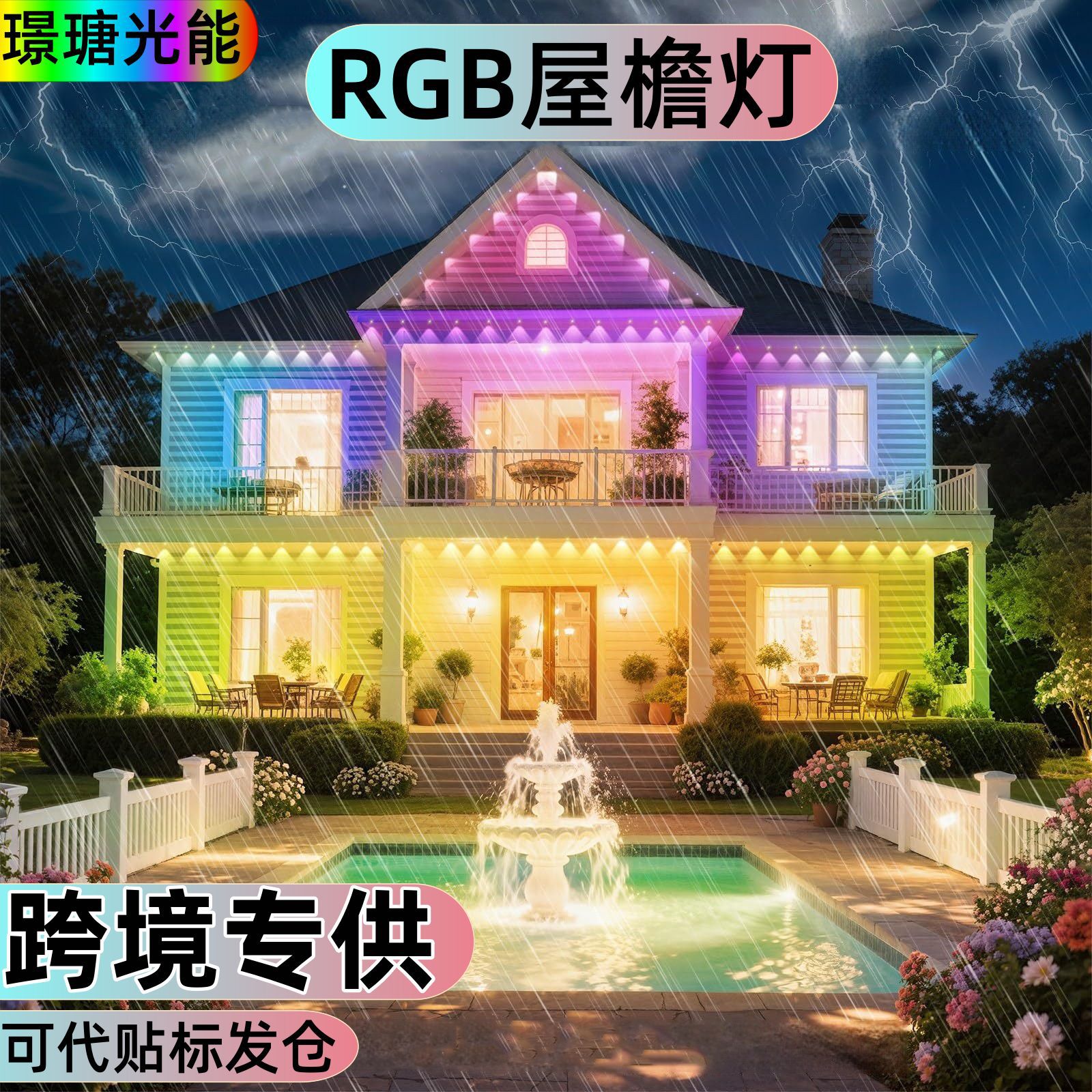 RGB屋檐灯七彩变色灯串户外防水装饰灯可代贴标发仓别墅庭院灯图片