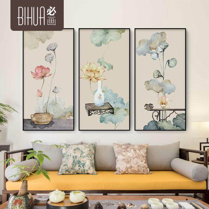 新中式玄关油布荷花画入门玄关装饰画客厅挂画新中式中国风墙壁画