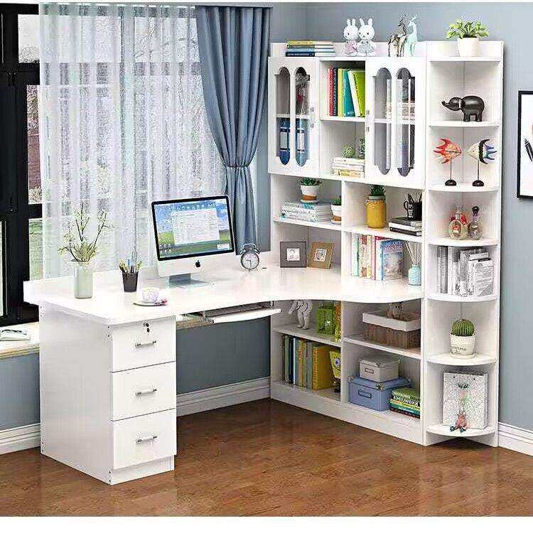 实木转角书桌书架组合电脑台式写字桌书柜家用儿童卧室拐角学习桌