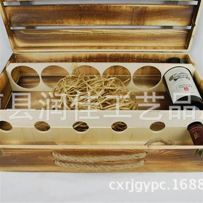 加工定制仿古色松木镂空盖六只红酒包装盒单排六支酒盒