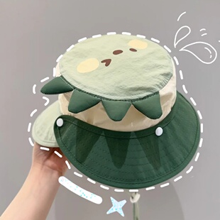 男童小恐龙防晒遮阳帽儿童渔夫帽速干透气宝宝大帽檐女童可拆披肩