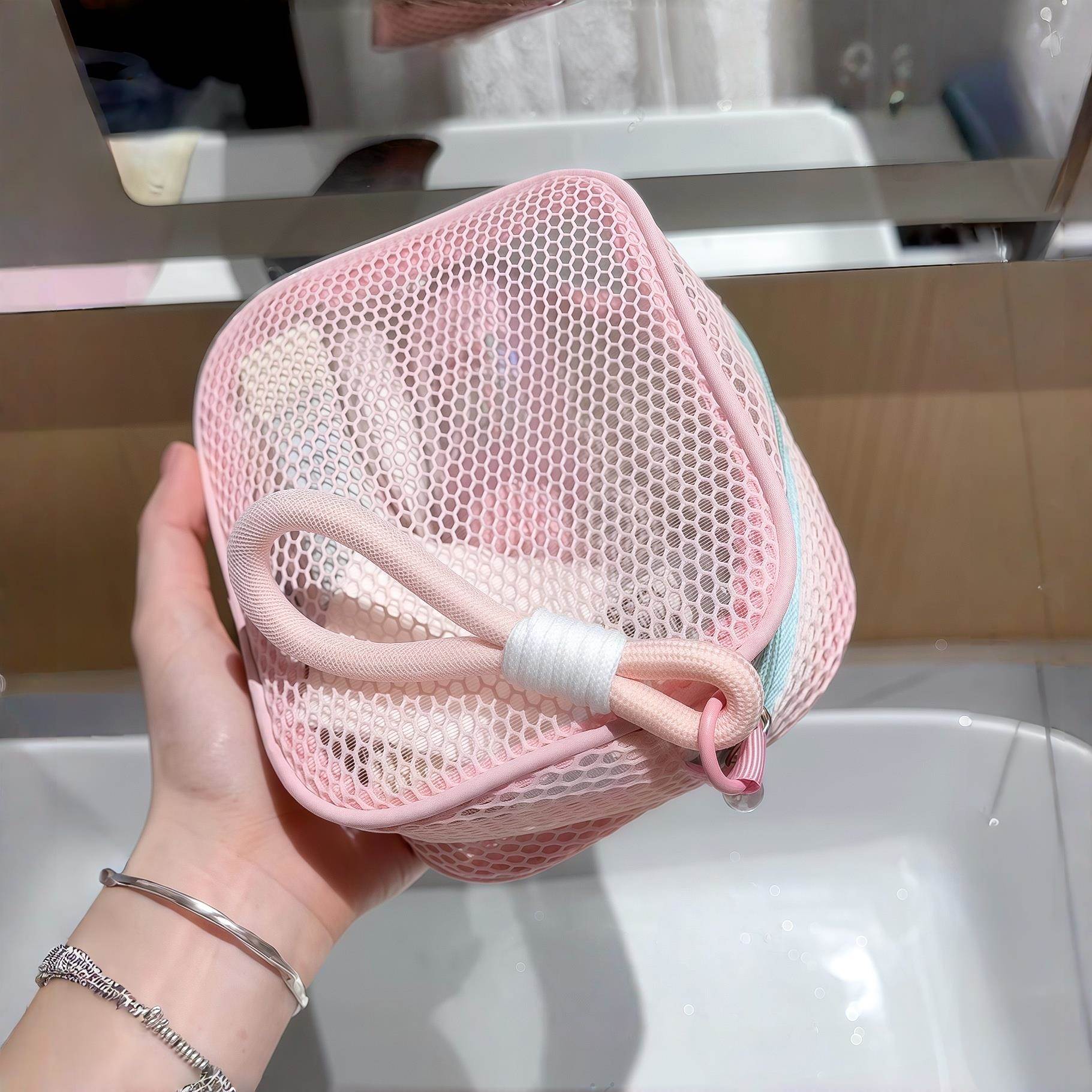 粉色网纱洗漱包便携透气大容量外出收纳包高颜值豆腐包女手提包