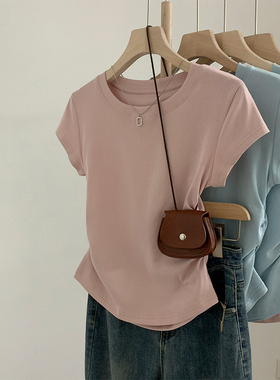 F浅蓝色多巴胺显白正肩圆领短袖T恤女侧边褶皱收腰修身纯欲上衣