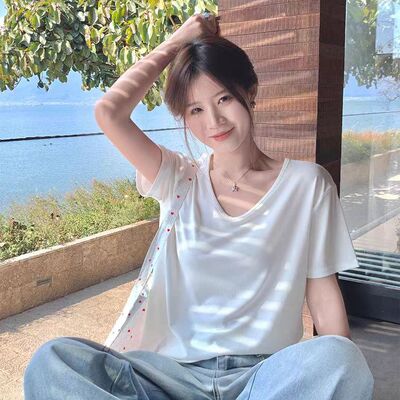 X【百人验货】短袖t恤女夏季2025新款V领莱赛尔大领宽松显瘦上衣