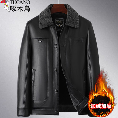 啄木鸟中老年人男士皮夹克秋冬加绒加厚款保暖爸爸装爷爷皮衣外套