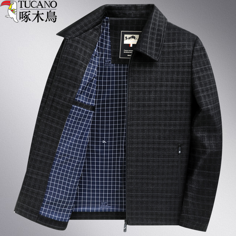 啄木鸟中年男士外套夹克衫翻领春秋季薄款中老年人爸爸春装上衣服