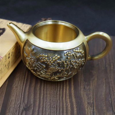 黄铜茶壶迎客松壶铜家居桌w面创意铜器摆件金属黄铜茶壶工艺