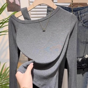 显瘦遮肉打底衫 斜肩露肩长袖 修身 洋气时尚 上衣 t恤女2025早秋新款