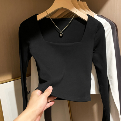 白色法式方领长袖T恤女内搭