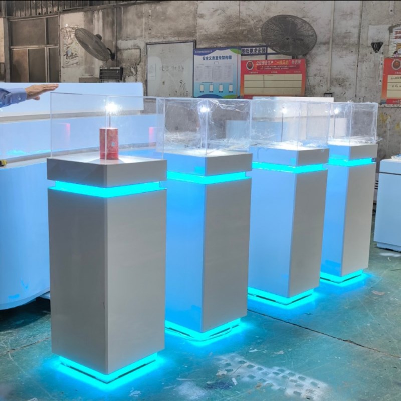 木制烤漆展示台方形发光中岛架白色地台展L厅展会展柜智能锁防尘