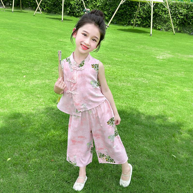 汉服女童棉绸套装夏季2026新款洋派时髦儿童新中式夏装女宝两件套