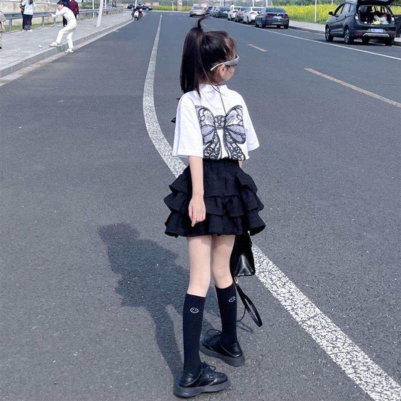 女童夏季套装2024新款蛋糕裙洋气儿童短袖T恤时髦百褶短裙两件套