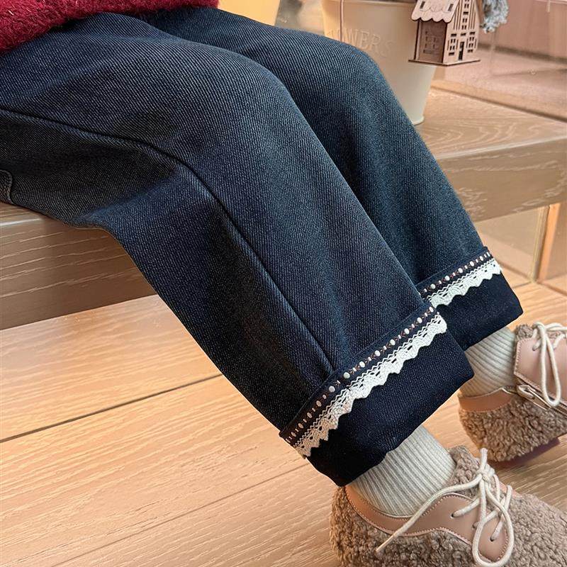 女童洋气秋冬季外穿加绒直筒牛仔阔腿裤宝宝2025新款加厚裤子冬装