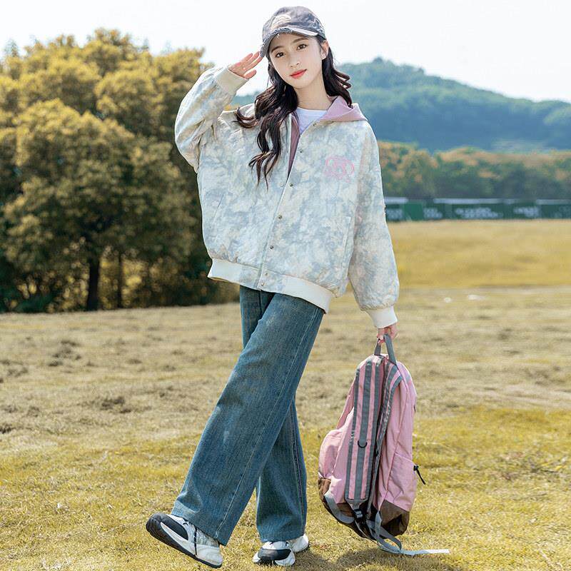 女童春秋外套2025新款秋冬中大童洋派网红韩版夹棉加厚连帽棒球服