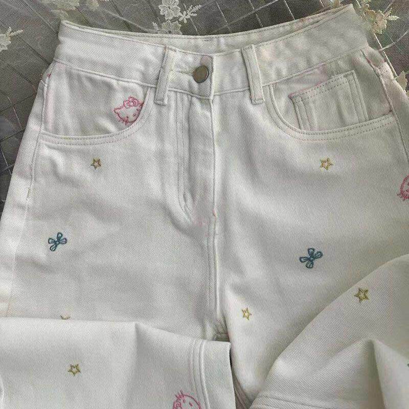 女童白色可爱kitty卡通童装牛仔裤女夏季设计感高腰直筒宽裤子