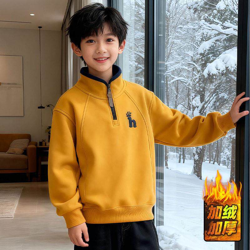 男童秋冬季卫衣加绒加厚2025新款中大童冬装一体绒儿童半高领上衣