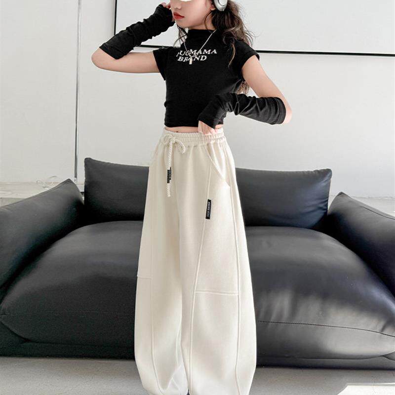 女童秋冬加绒弯刀阔腿裤2025新款春秋大童一体绒儿童冬季运动裤子