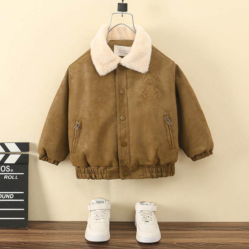 男童加绒皮衣外套秋冬装2025新款洋气宝宝冬季夹克儿童加厚棉衣潮