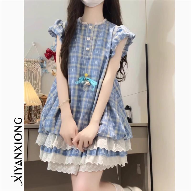 女童镂空洋装夏季2025儿童裙子大童女孩夏装学院风泡泡袖蛋糕裙