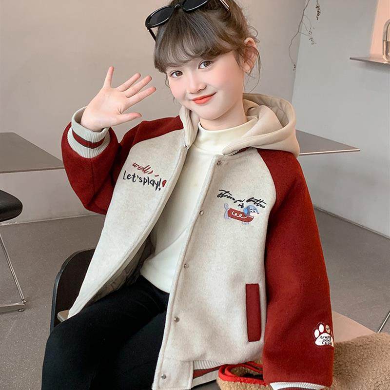 女童外套秋冬季2025新款儿童加绒加厚棒球服冬款女孩洋气连帽上衣