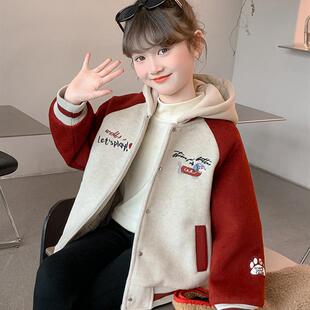女童外套秋冬季2025新款儿童加绒加厚棒球服冬款女孩洋气连帽上衣