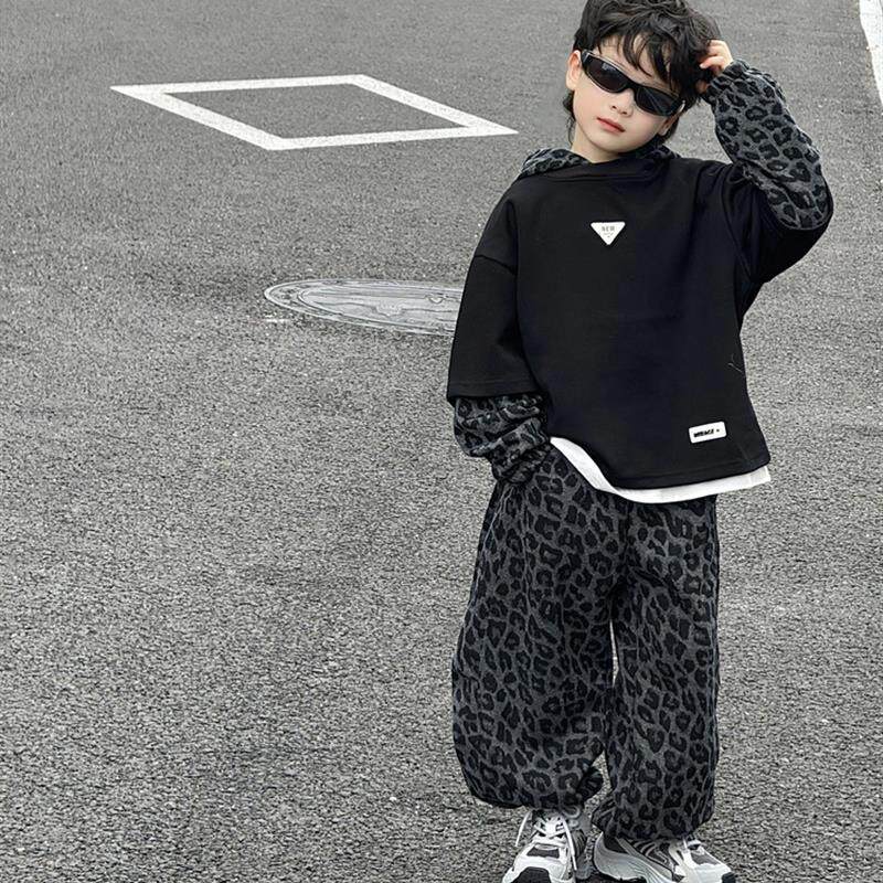 男童豹纹套装2025新款儿童春秋款潮酷卫衣两件套男孩秋季痞帅秋装