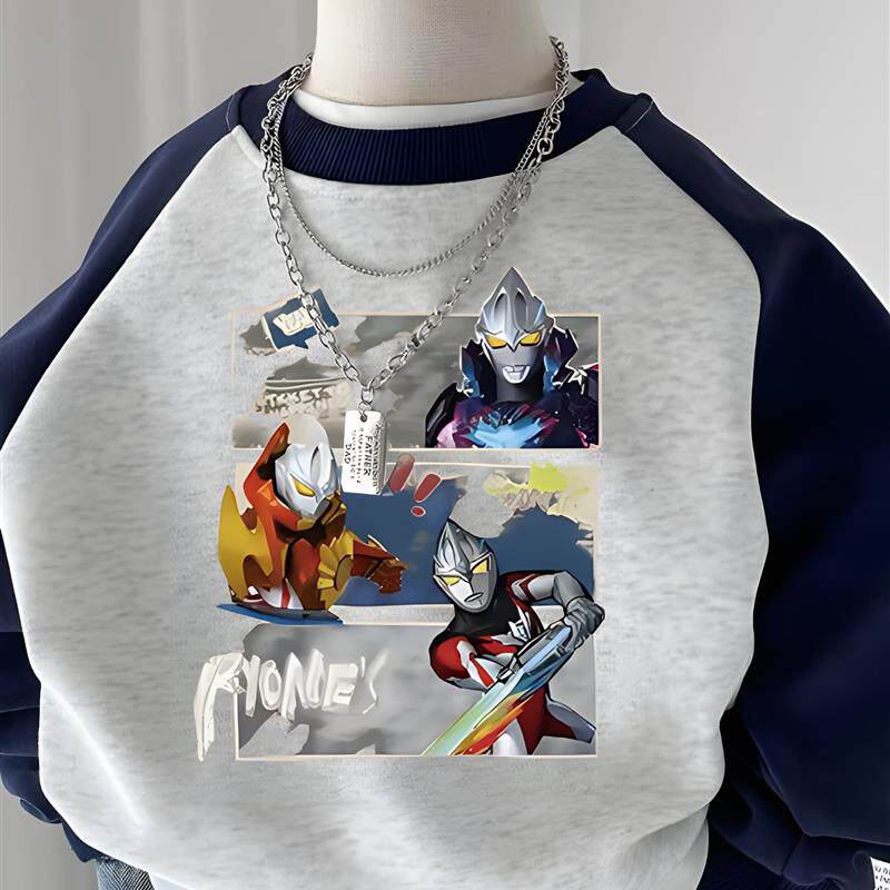 奥特曼男童卫衣秋冬圆领百搭中小童加绒保暖撞色无帽外套时髦童装