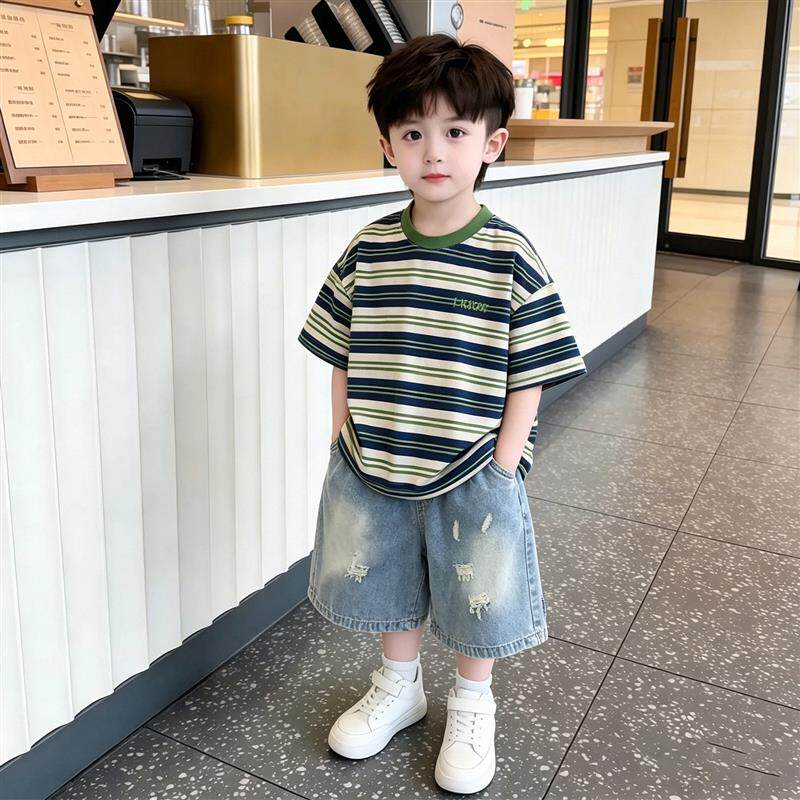 男童韩版条纹短袖套装夏季2026新款儿童破洞牛仔短裤幼儿夏季服饰