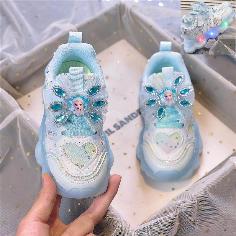 亮灯女童运动鞋爱莎公主鞋2025秋新款儿童网鞋宝宝透气女孩发光鞋