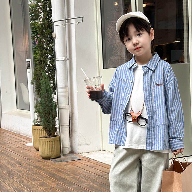 男童衬衫长袖春秋款2025新款痞帅风春装休闲外套儿童蓝色条纹衬衣