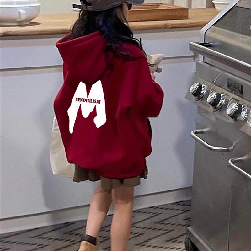 红色卫衣加绒女童2025新款童装女生街舞衣服学生班服秋冬连帽上衣