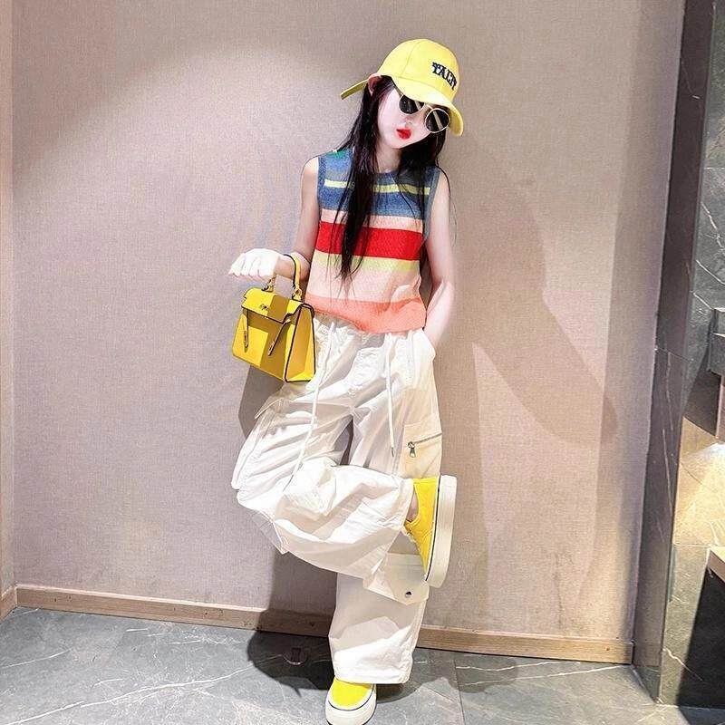 女童夏装套装2025新款儿童工装裤小女孩多巴胺彩虹条纹背心两件套