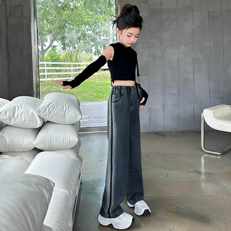 女童裤子秋冬洋气2024新款女孩时髦加绒冬季牛仔裤儿童宽松阔腿裤