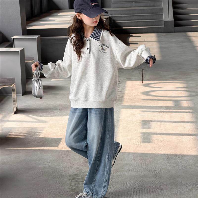 女童春装POLO领卫衣2026新款儿童洋气时髦女大童休闲拼接长袖上衣
