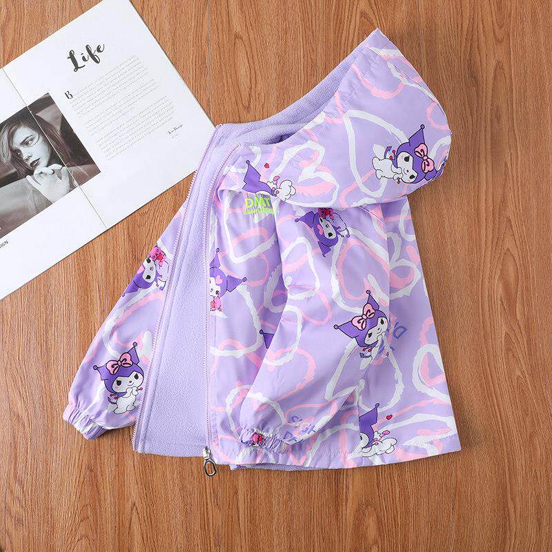 女童冲锋衣外套双面穿2025新款春秋季儿童抓绒防风衣上衣卡通连帽