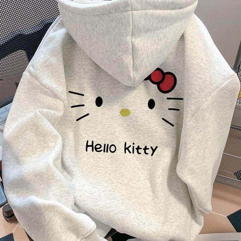 女童卡通凯蒂猫印花连帽卫衣中大儿童初中生秋冬季加绒超好看上衣