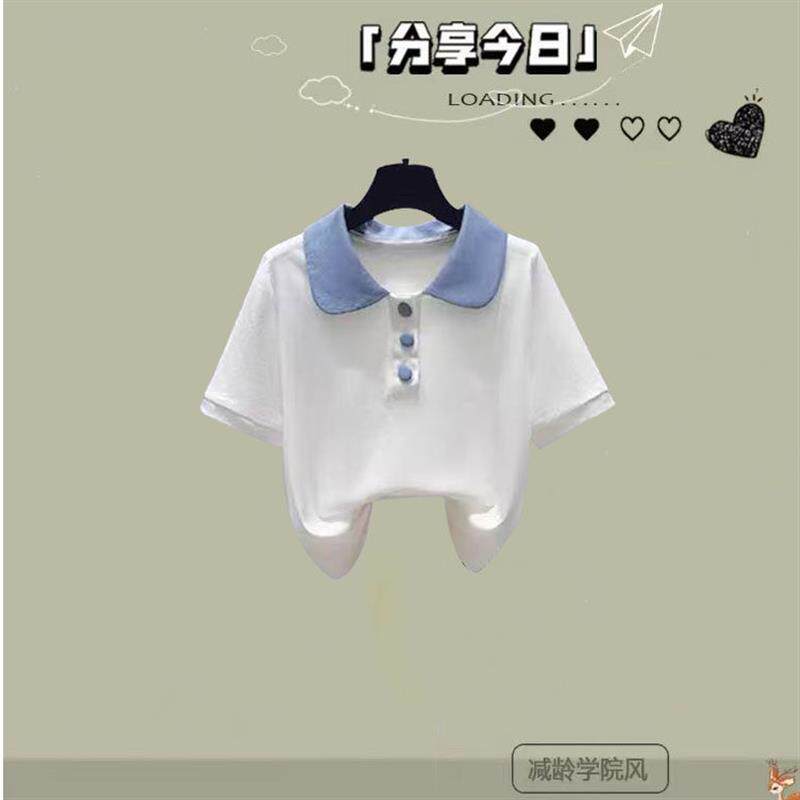 夏季休闲女童中大童POLO领纯棉短袖T恤+牛仔短裤裤裙女孩两件套装