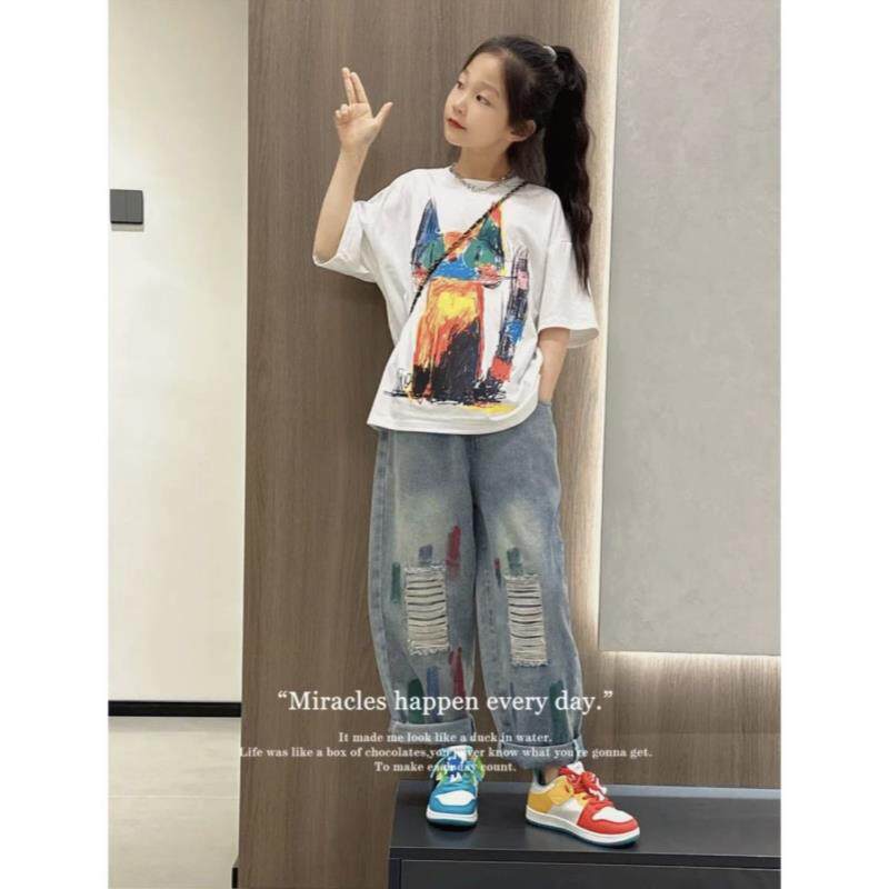 女童夏季酷飒超好看中大童个性印花短袖T恤薄款破洞牛仔裤两件套