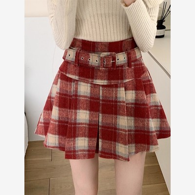 新年红色格子裙毛呢半身