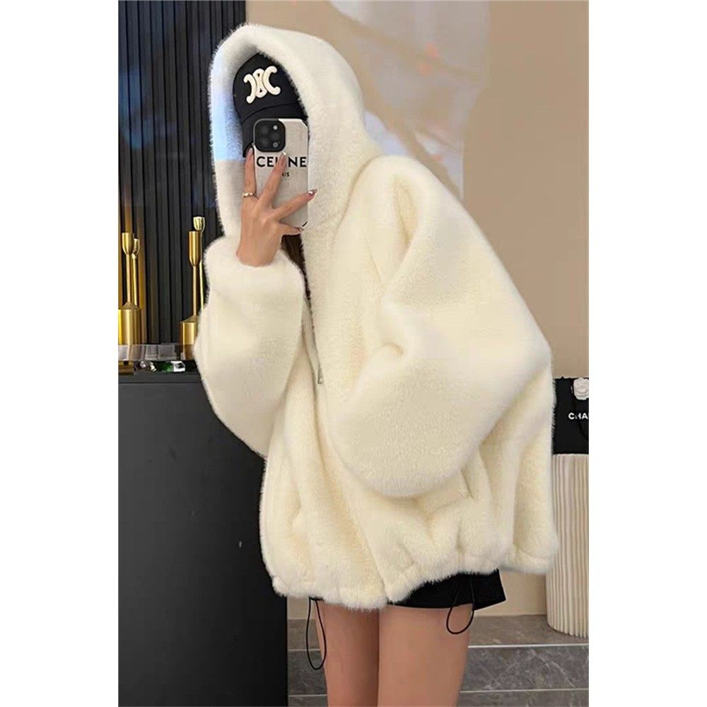 冬季新款连帽仿兔毛绒绒皮草外套羊羔毛宽松加厚仿水貂绒大衣女潮