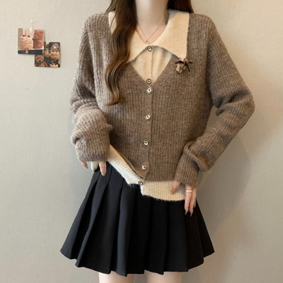 Polo领正肩内搭打底毛衣开衫外套女秋冬大码胖mm假两件针织衫上衣