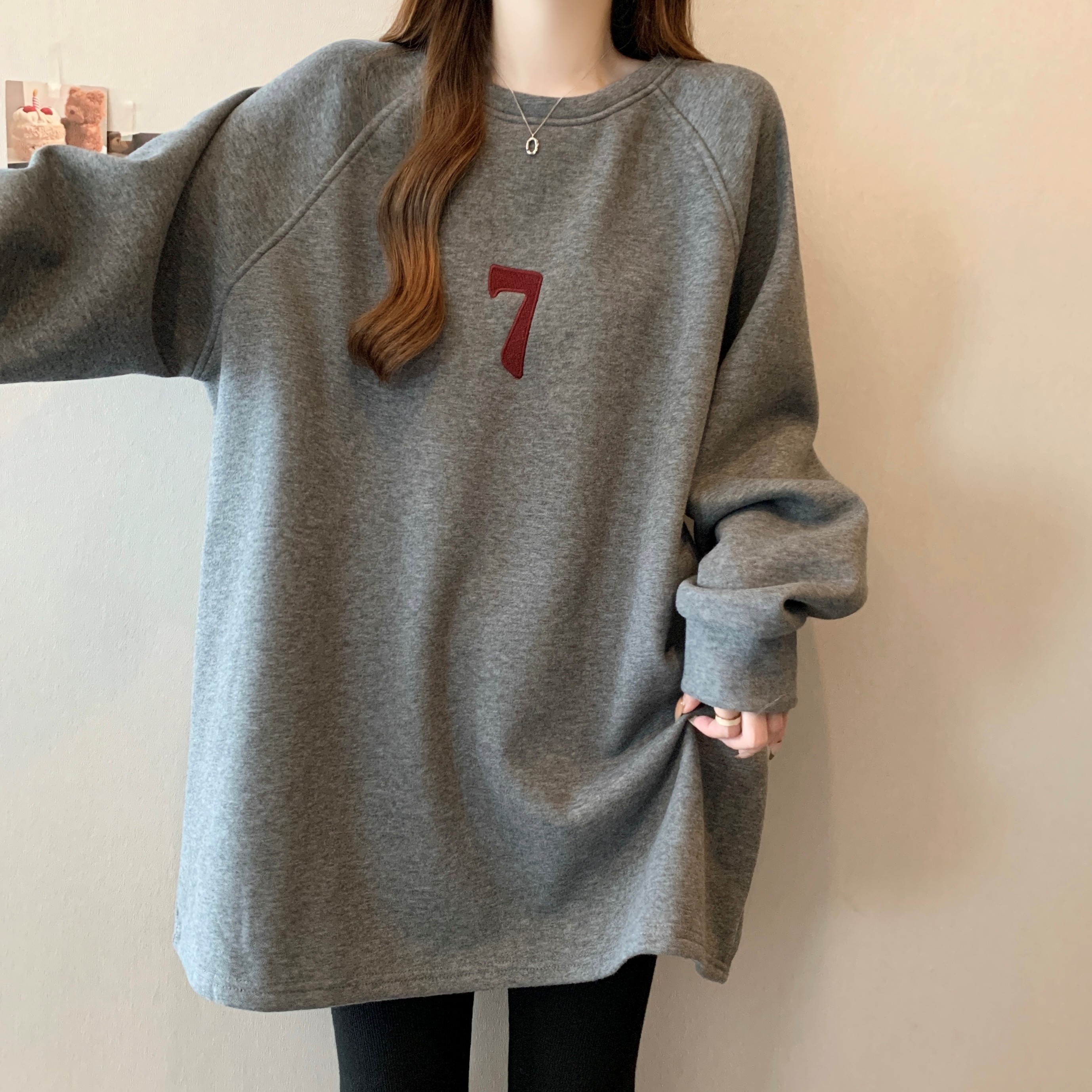 大码女装慵懒风刺绣加绒加厚卫衣女胖MM宽松显瘦中长款打底衫上衣