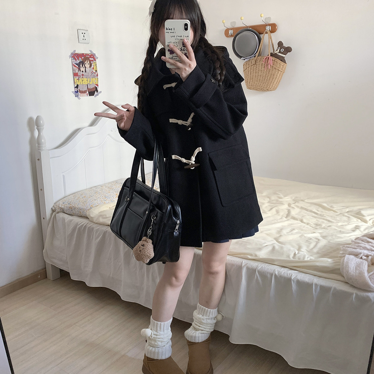 JK黑色牛角扣大衣夹棉加