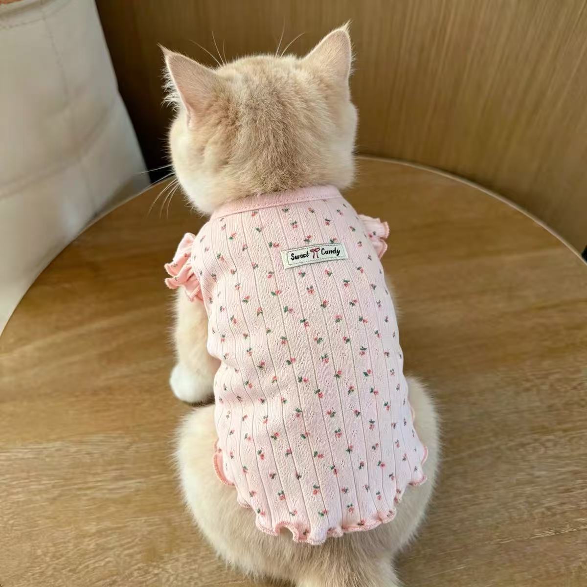 泰迪雪纳瑞飞袖碎花宠物背心春秋狗狗公主防掉毛猫咪家居衣服