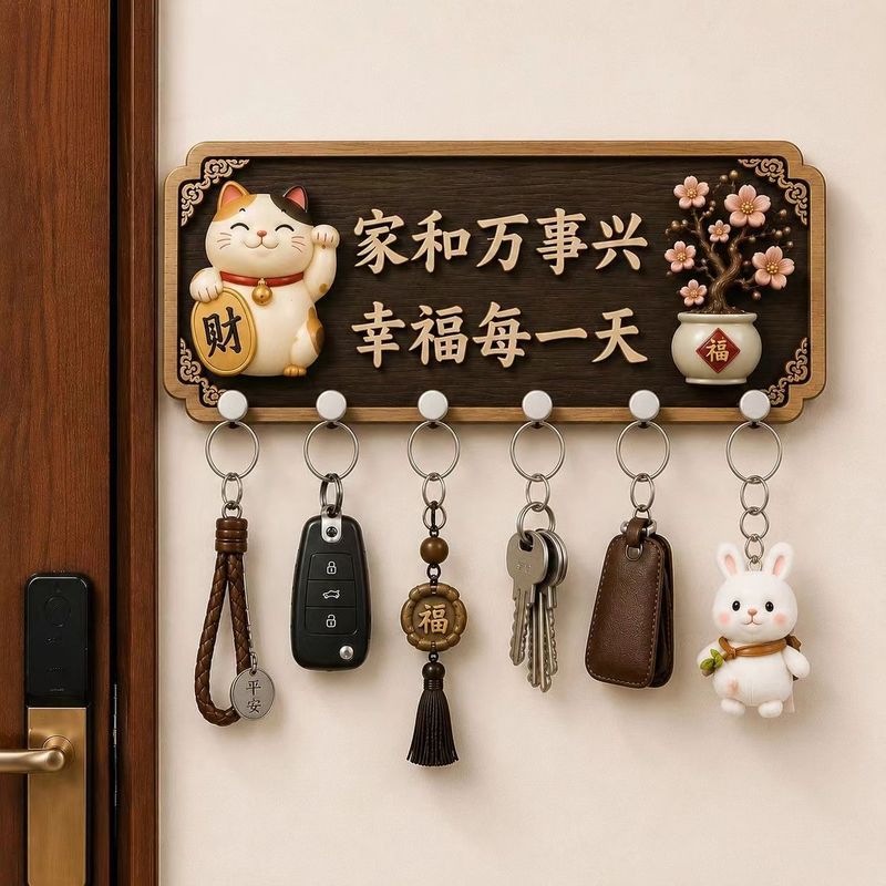 木制招财猫门挂挂钩免打孔门口钥匙收纳挂件喜庆招财家居装饰