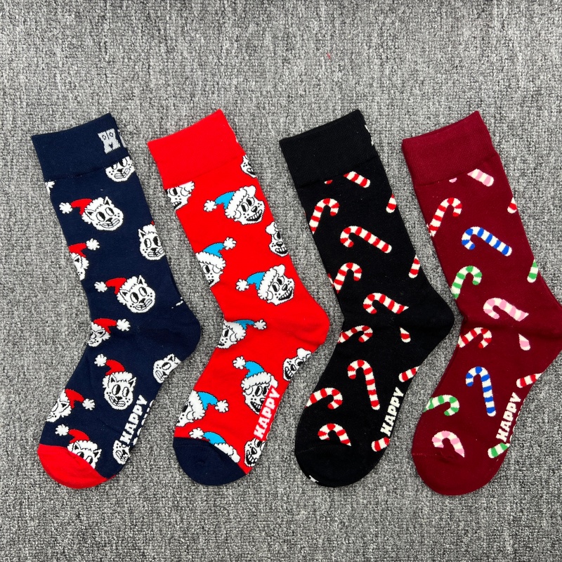 happy圣诞袜子姜饼人嗨皮女袜纯棉中筒潮袜新年喜庆本命年红袜子